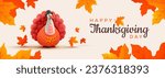 Happy Thanksgiving Day banner with Thanksgiving turkey cute cartoon style and fall foliage - horizontal background perfect for social media and greeting cards