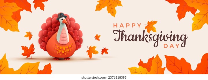 Happy Thanksgiving Day banner with Thanksgiving turkey cute cartoon style and fall foliage - horizontal background perfect for social media and greeting cards