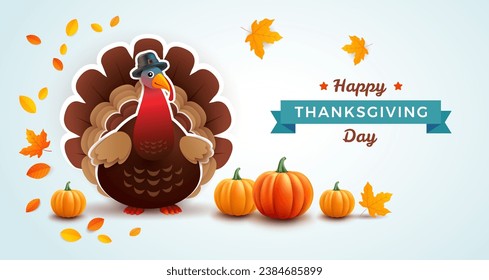 Happy Thanksgiving Day banner with Thanksgiving turkey, pumpkins, autumn leaves - blue background vector