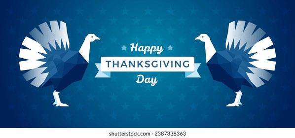 Happy Thanksgiving Day banner with turkey bird and creative lettering - trendy minimal style - blue color vector background