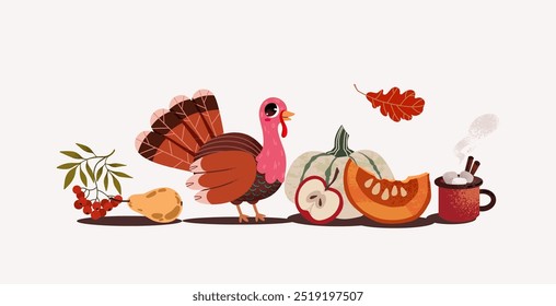 Happy Thanksgiving Day banner with Thanksgiving turkey, pumpkins, apples,  autumn leaves and hot drinks. Isolated vector on white background.