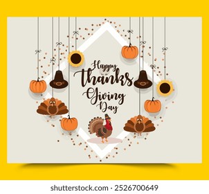 Happy Thanksgiving Day Banner mit Thanksgiving Truthahn niedlichen Cartoon-Stil und Herbst Laub, Vektorgrafik mit Türkei Vogel, Kürbis, Blätter und viele andere Elemente Hintergrund, Flat Cartoon,  