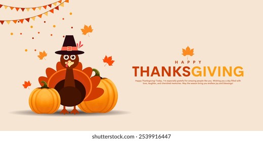 Feliz Anuncio del Día de Acción de Gracias con estilo lindo de dibujos animados de pavo de Acción de Gracias y follaje de otoño. Diseño de Ilustración vectorial creativa.