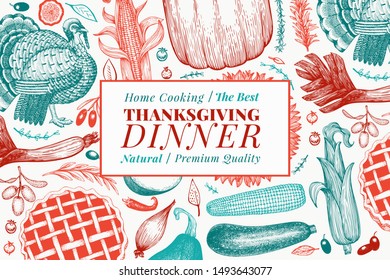 Happy Thanksgiving Day banner. Vector hand drawn illustrations. Greeting Thanksgiving design template in vintage style.