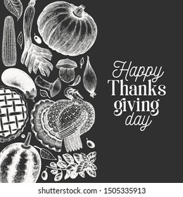 Happy Thanksgiving Day banner. Vector hand drawn illustrations on chalk board. Greeting Thanksgiving design template in retro style. Autumn background.
