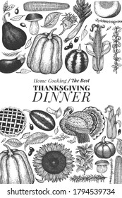 Happy Thanksgiving Day banner. Vector hand drawn illustrations. Greeting Thanksgiving design template in retro style. Autumn background.