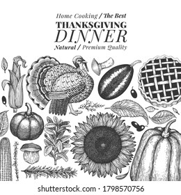 Happy Thanksgiving Day banner. Vector hand drawn illustrations. Greeting Thanksgiving design template in retro style. Autumn background.
