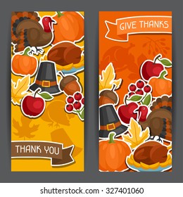 Happy Thanksgiving Day banners design with holiday sticker objects.