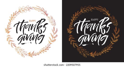 Happy thanksgiving day - Be thankful - cute hand drawn doodle lettering postcard. T-shirt design template with leaf.