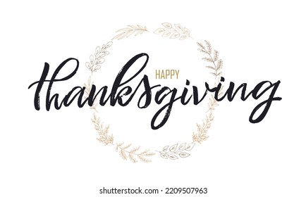 Happy thanksgiving day - Be thankful - cute hand drawn doodle lettering postcard. T-shirt design template with leaf.