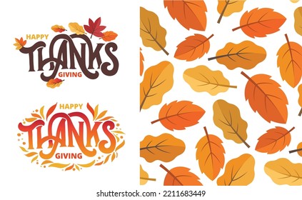 Happy thanksgiving day - Be thankful - cute hand drawn doodle lettering postcard. T-shirt design template with leaf.