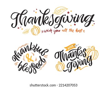 Happy thanksgiving day - Be thankful - cute hand drawn doodle lettering postcard. T-shirt design template with leaf.