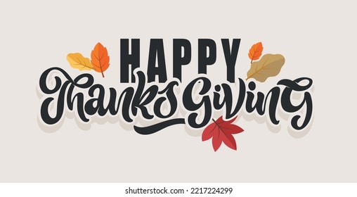 Happy thanksgiving day - Be thankful - cute hand drawn doodle lettering postcard. T-shirt design template with leaf.