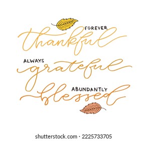 Happy thanksgiving day - Be thankful - Be grateful - Turkey time - cute hand drawn doodle lettering postcard. T-shirt design template with leaf.