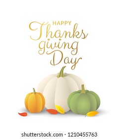 Happy Thanksgiving day beautiful vector card design with pumpkins and leaves isolated on white background