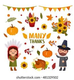 Happy thanksgiving day. Big set with colorful leaves, bouquets, food and other holiday attributes. Pilgrim and indian people characters.