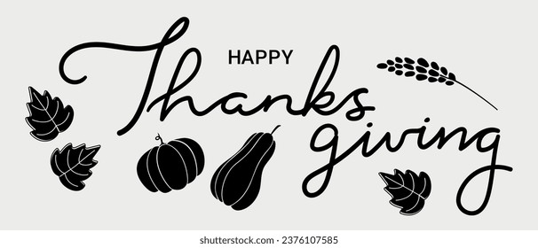 Happy Thanksgiving Day black banner with calligraphy text and hand drawn leaves and pumpkins. Vector illustration