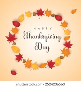 Happy Thanksgiving Day Botanical Wreath with colorful leaves. Vector illustration