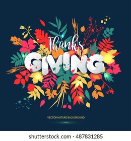 Happy Thanksgiving day in calligraphic hand drawn style and paper style. Fall style for autumn.Happy Thanksgiving Day greeting card design with colors leaves on blue background with grunge blots. 