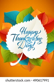 Happy Thanksgiving Day. Calligraphy Greeting Leaf Card With Polka Dot Background. Vector Happy Thanksgiving Card with Autumn Leaves.