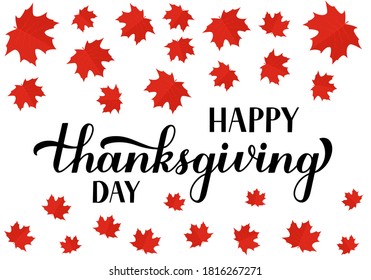 Happy Thanksgiving Day calligraphy hand lettering with red Canadian maple leaves. Holiday in Canada.  Vector template for greeting card, typography poster, banner, flyer, sticker, t-shirt.