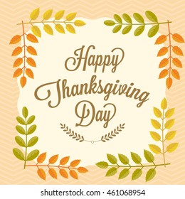 Happy thanksgiving day calligraphy type font in frame of branch and leave autumn theme.flat design