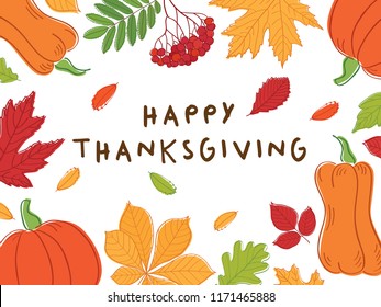 Happy Thanksgiving Day card. Background with autumn leaves and pumpkins. Vector illustration.