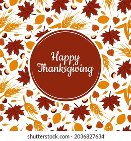 Happy Thanksgiving Day card or banner with vector cartoon foliage and harvest. Seamless festive pattern with place for text