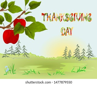 Happy Thanksgiving day  Card beautiful autumn landscape on sunny background elegant text lettering, copy space Countryside fall farm apple tree and red apples vintage vector editable hand draw