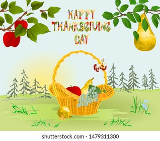 Happy Thanksgiving day  Card beautiful autumn landscape on sunny background  lettering fall branches apple tree with red apples and pears and basket with fruits vintage vector editable hand draw