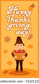 Happy thanksgiving day card with boy, leafs and congratulation lettering.