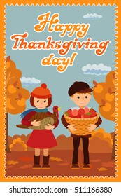 Happy thanksgiving day card with child leafs and congratulation lettering. Vector illustration family holiday. Girl boy turkey apples.