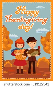 Happy thanksgiving day card with child leafs and congratulation lettering. Vector illustration family holiday. Girl boy turkey apples.