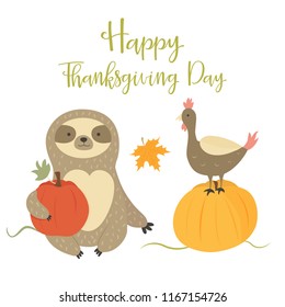 Happy Thanksgiving Day card with cute sloth and turkey