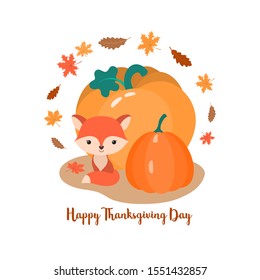 Happy thanksgiving day card. Cute fox and pumpkins. Autumn warm palette. Orange and yellow colors. Falling leaves frame. Little cartoon foxy sitting character. Postcard or banner for season greeting.