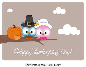happy thanksgiving day card, cute owls dressed like the old pilgrim fathers on a branch with two pumpkins during a sunny autumn day