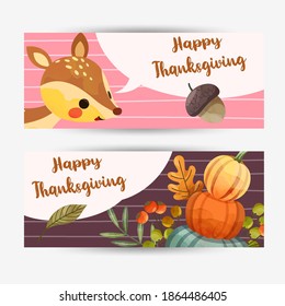 Happy Thanksgiving Day  card with deer, walnuts, pumpkin and leaves