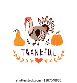 Happy Thanksgiving Day card design with holiday objects. Thanksgiving turkey and pumpkins. Greeting card.