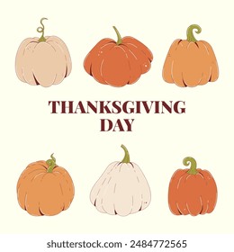 Happy Thanksgiving day card. Festive backgrop with red, orange and gray pumpkins. Holiday poster for fall season. Flat vector illustration