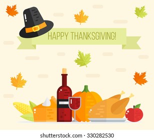 Happy Thanksgiving day card. Thanksgiving flat background.