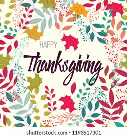 Happy Thanksgiving day card with floral decorative elements, colorful design, vector illustration