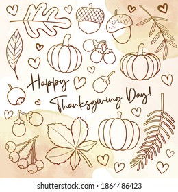 Happy Thanksgiving Day card or flyer with walnut, pumpkin and Maple Leaves.