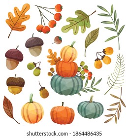 Happy Thanksgiving Day card or flyer with walnut, pumpkin and Maple Leaves.