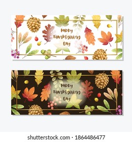 Happy Thanksgiving Day card or flyer with walnut, pumpkin and Maple Leaves.