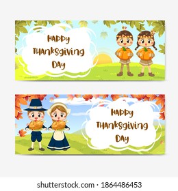 Happy Thanksgiving Day card with girl, maple leaf and pumpkin.