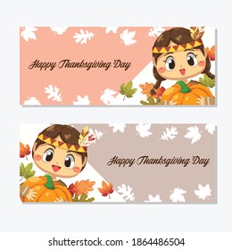 Happy Thanksgiving Day card with girl, maple leaf and pumpkin.