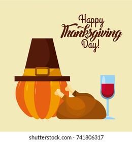 happy thanksgiving day card greeting pumpkin hat wine and roasted turkey