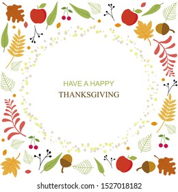 Happy Thanksgiving day card with leaf, fruit, and floral decorative elements, colorful design, vector illustration