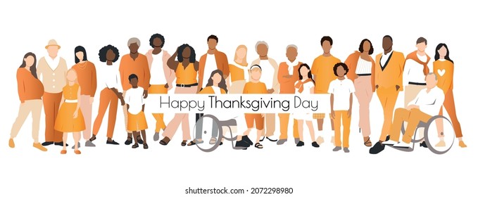 Happy Thanksgiving Day card. Multicultural group of families. Flat vector illustration.