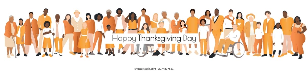 Happy Thanksgiving Day Card. Multicultural Group Of Families. Flat Vector Illustration.